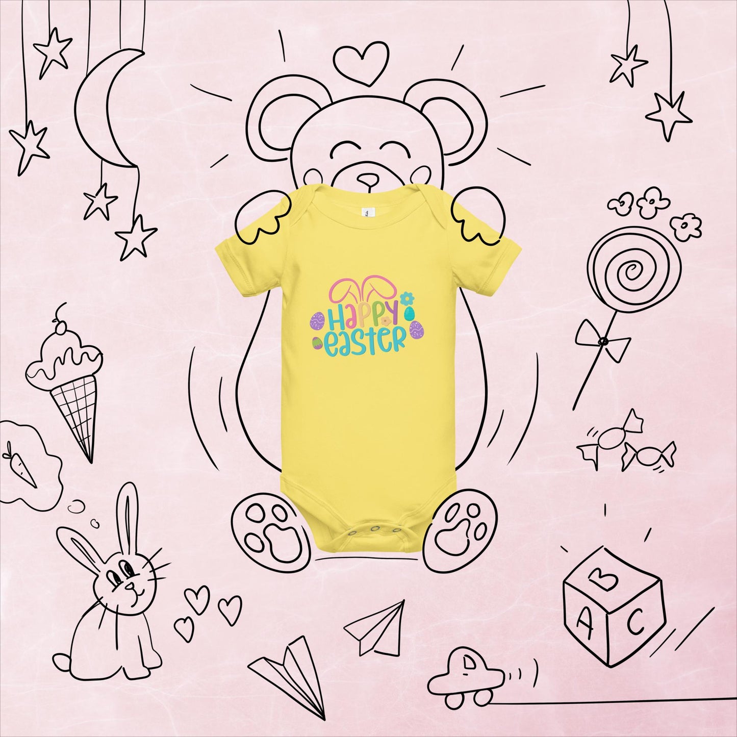 Happy Easter with Bunny Ears Baby Short Sleeve One Piece