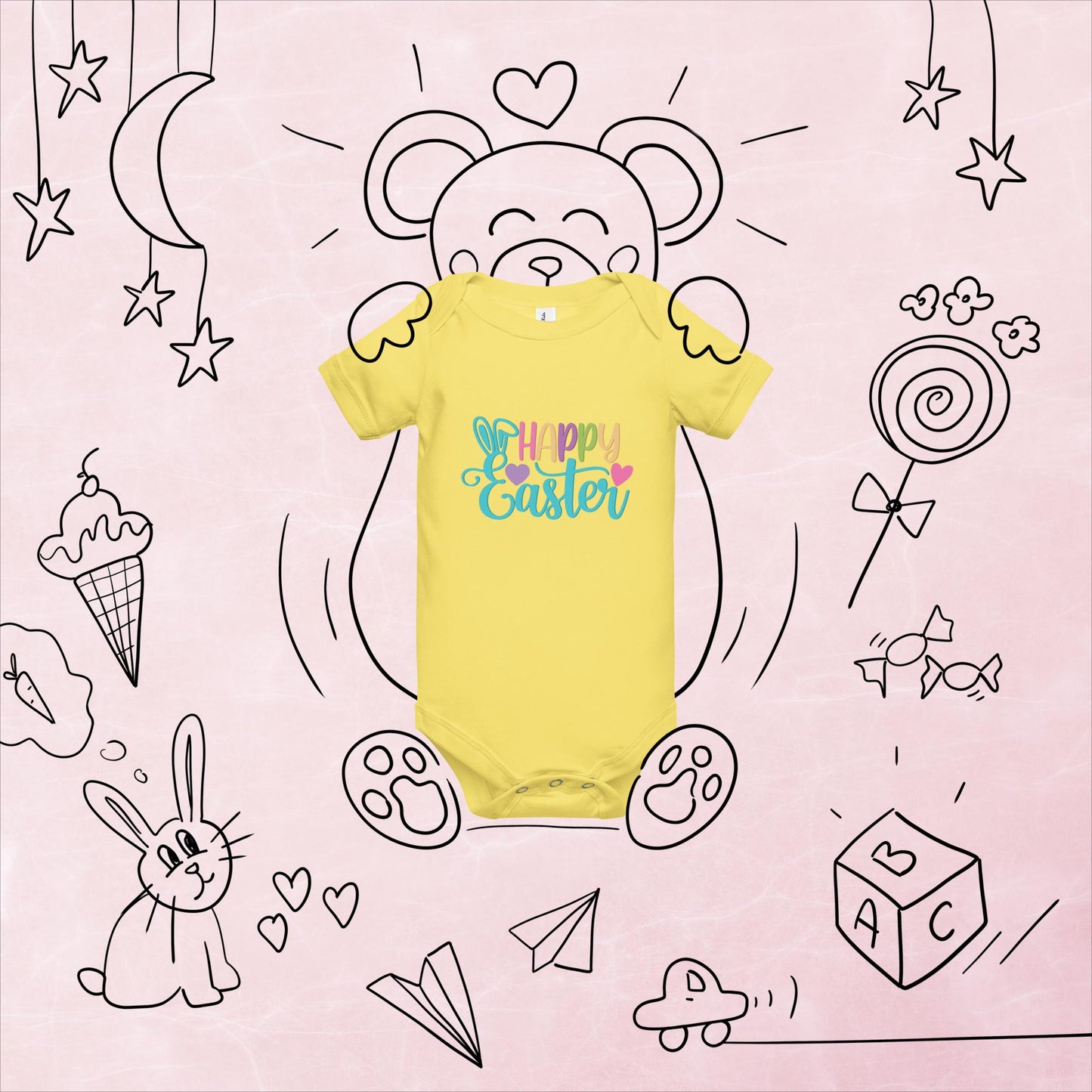 Happy Easter with Hearts Baby Short Sleeve One Piece