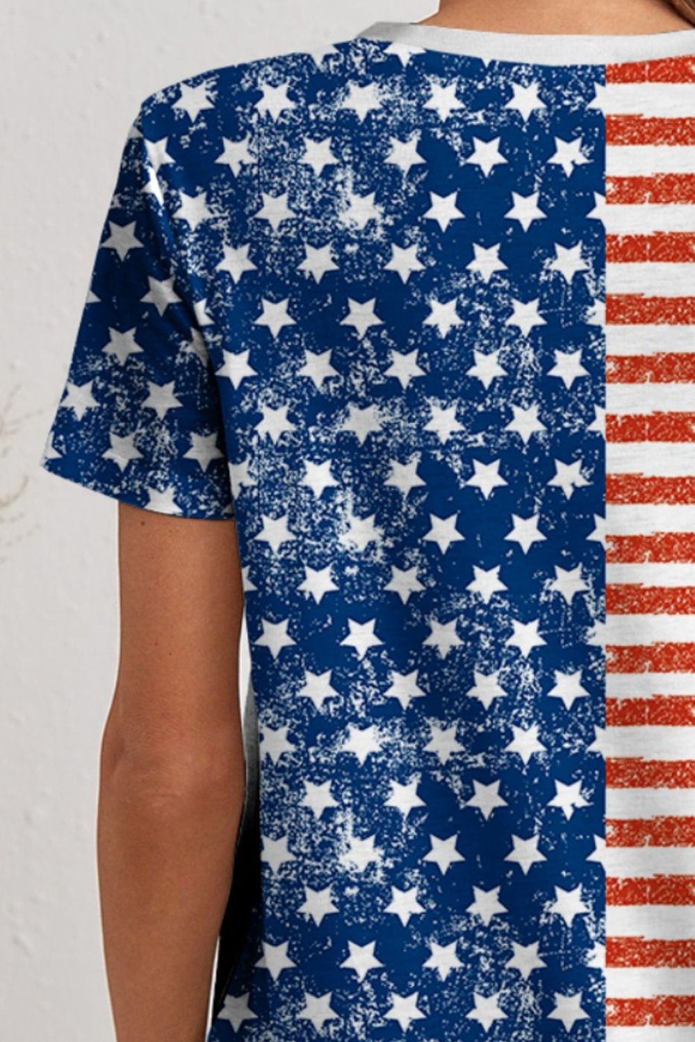 Stars and Stripes Printed V-Neck Short Sleeve T-Shirt