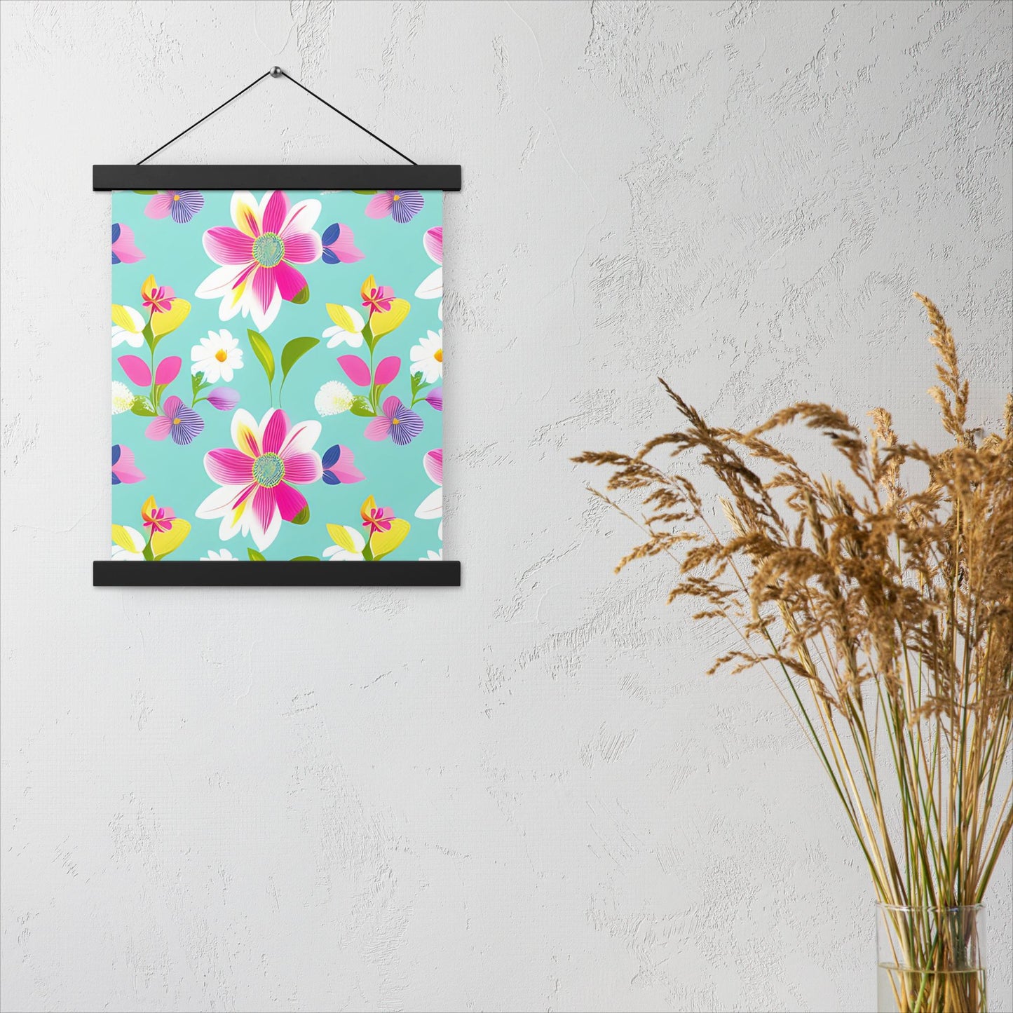 Aquamarine with Pink Flowers Poster with Hangers