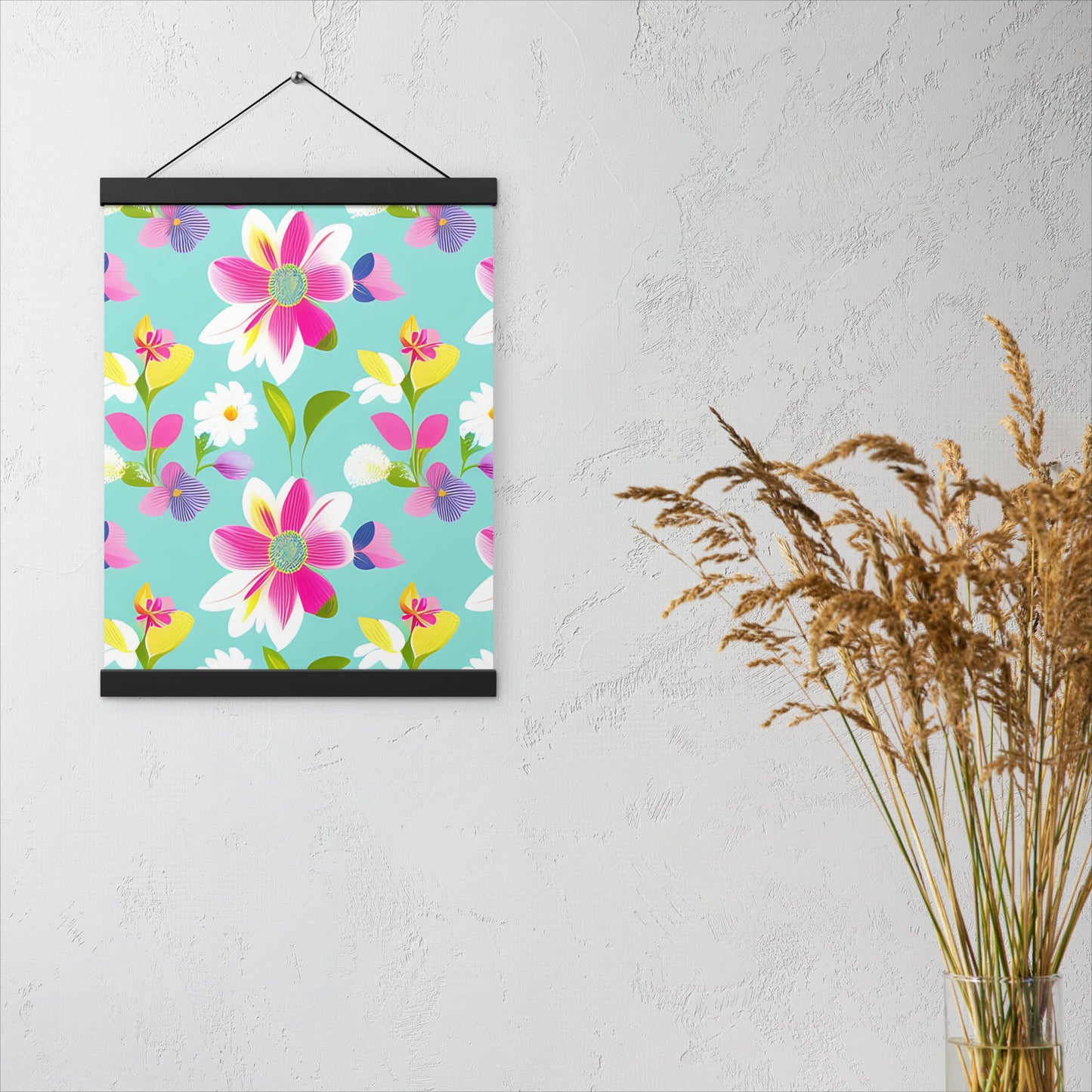 Aquamarine with Pink Flowers Poster with Hangers