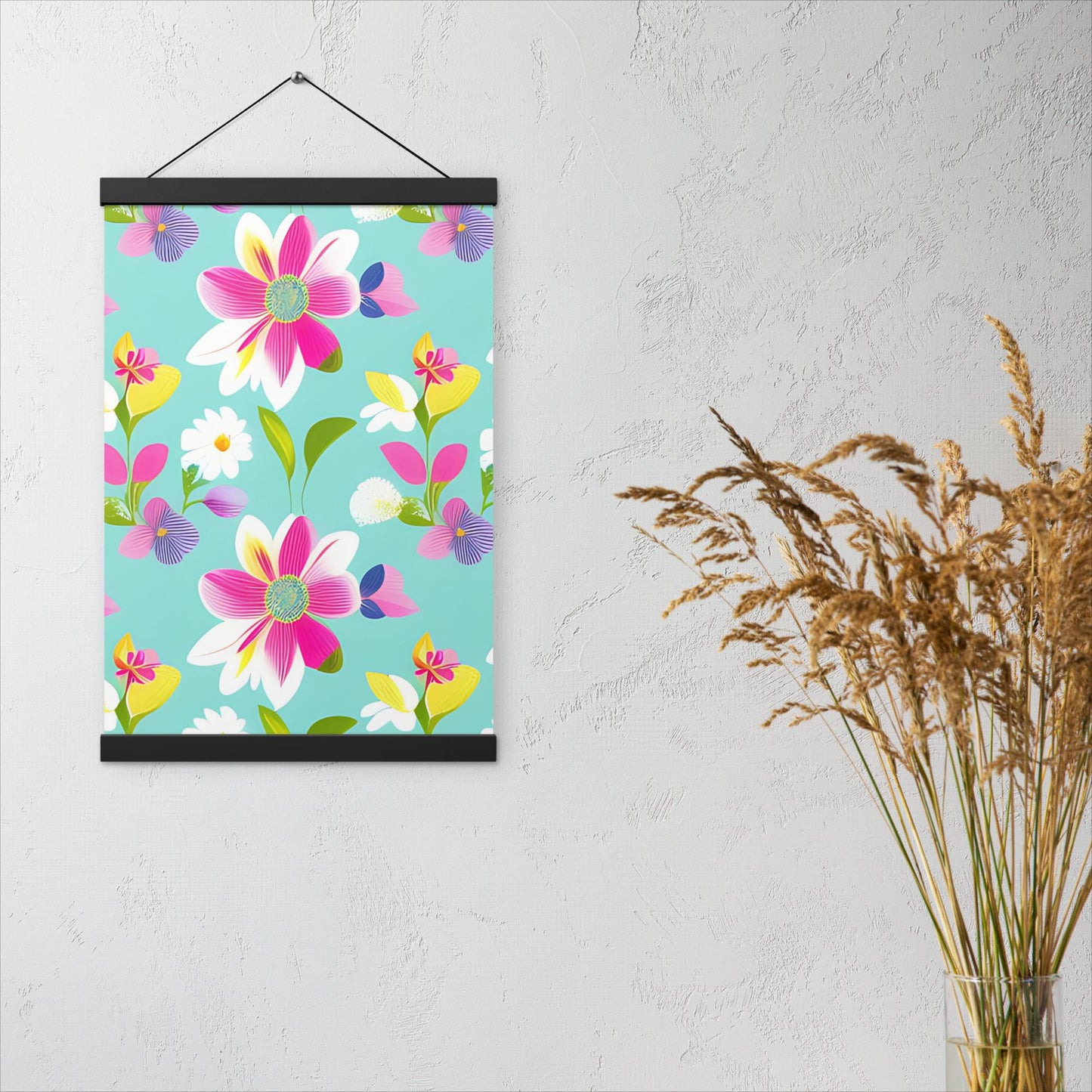 Aquamarine with Pink Flowers Poster with Hangers