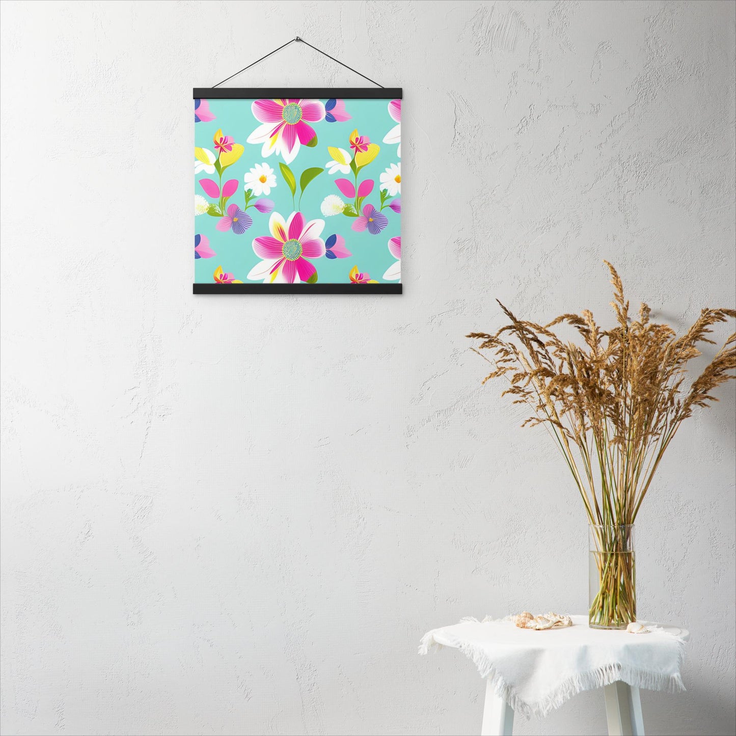 Aquamarine with Pink Flowers Poster with Hangers