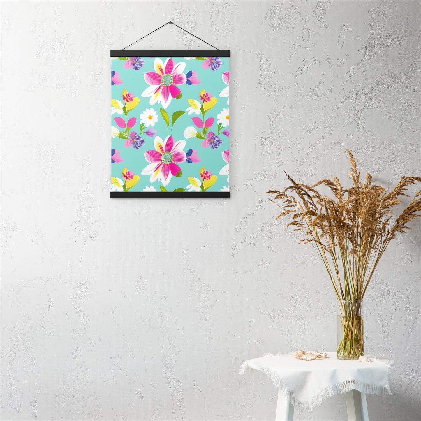 Aquamarine with Pink Flowers Poster with Hangers