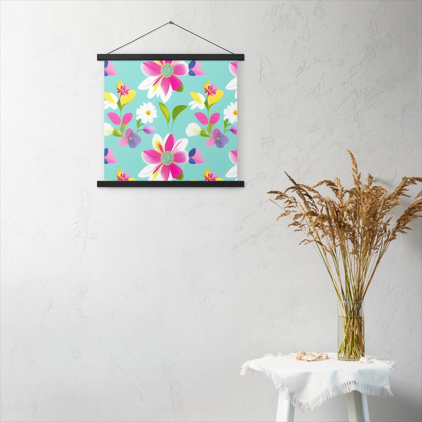 Aquamarine with Pink Flowers Poster with Hangers