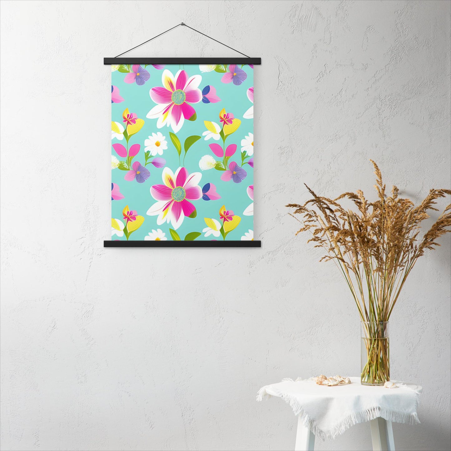 Aquamarine with Pink Flowers Poster with Hangers