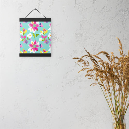 Aquamarine with Pink Flowers Poster with Hangers