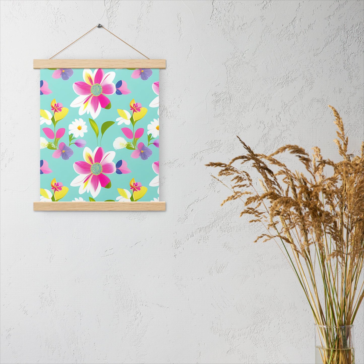 Aquamarine with Pink Flowers Poster with Hangers