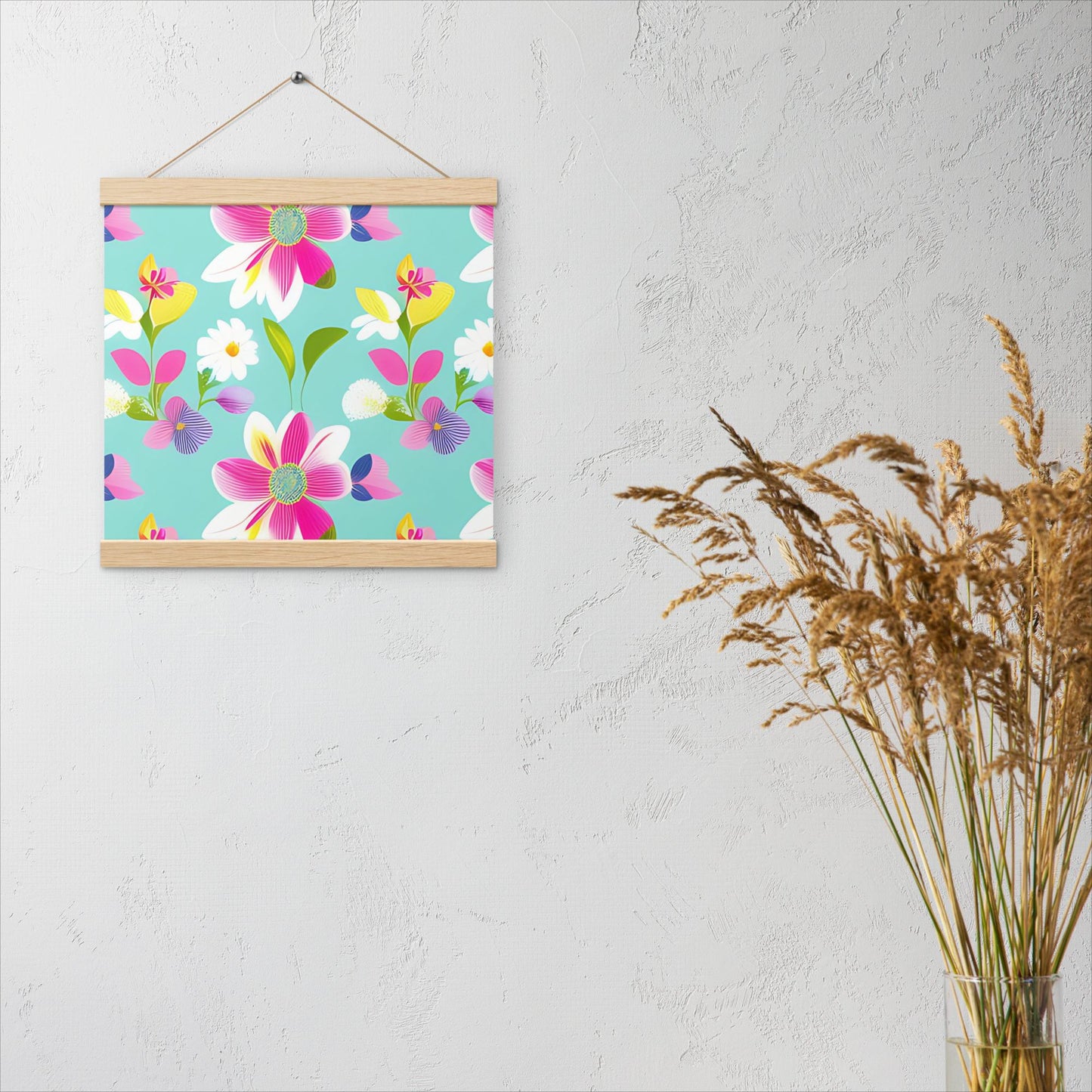 Aquamarine with Pink Flowers Poster with Hangers