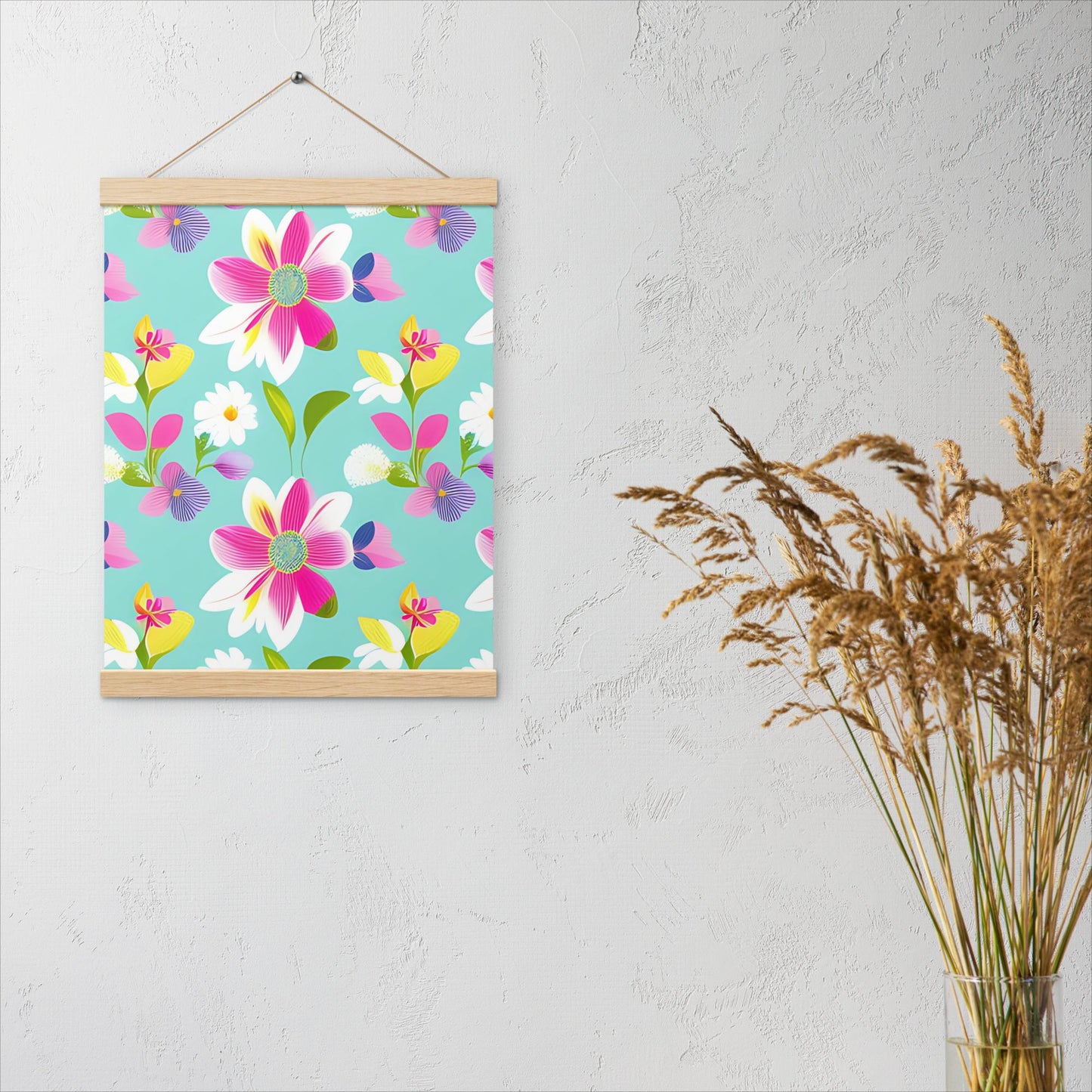 Aquamarine with Pink Flowers Poster with Hangers