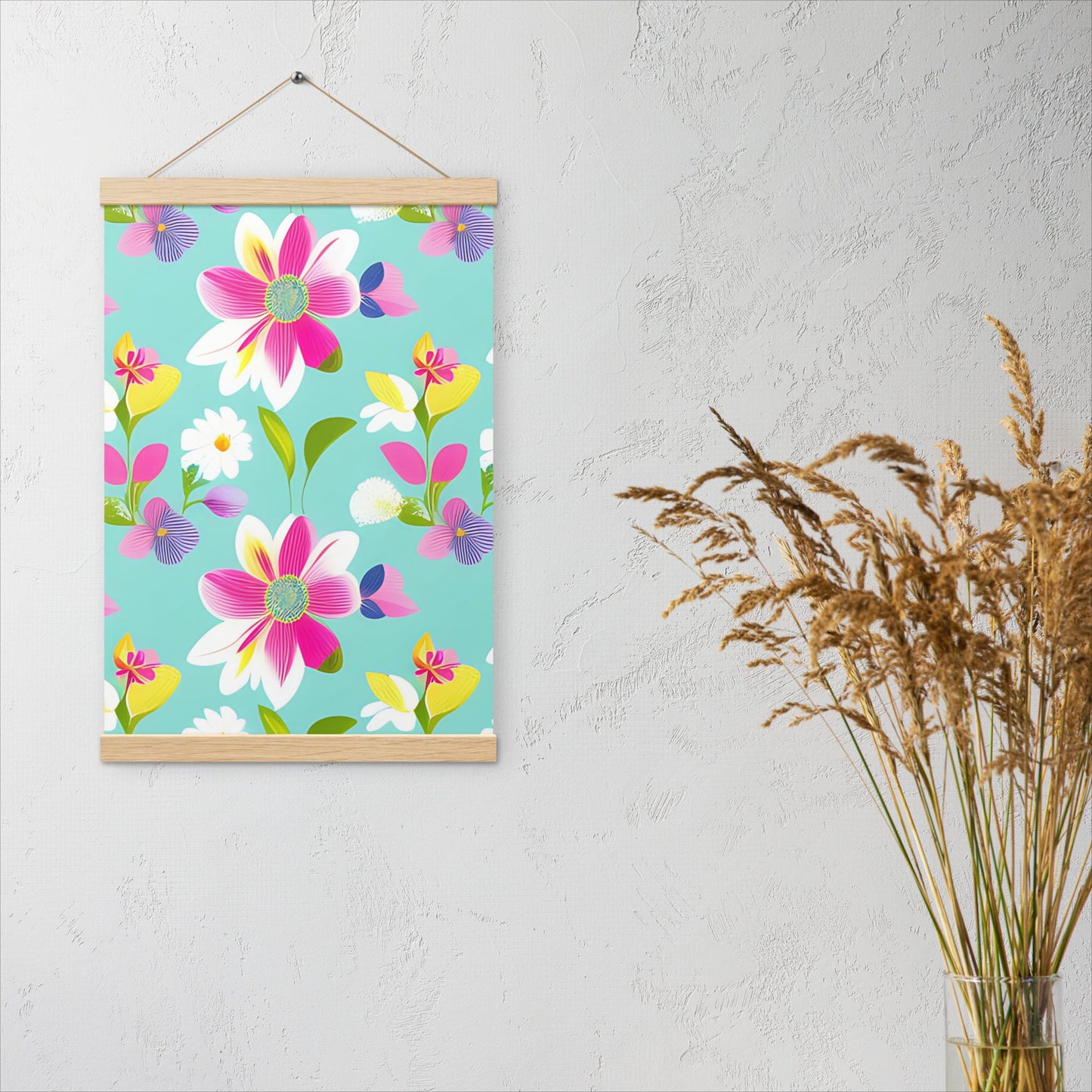 Aquamarine with Pink Flowers Poster with Hangers