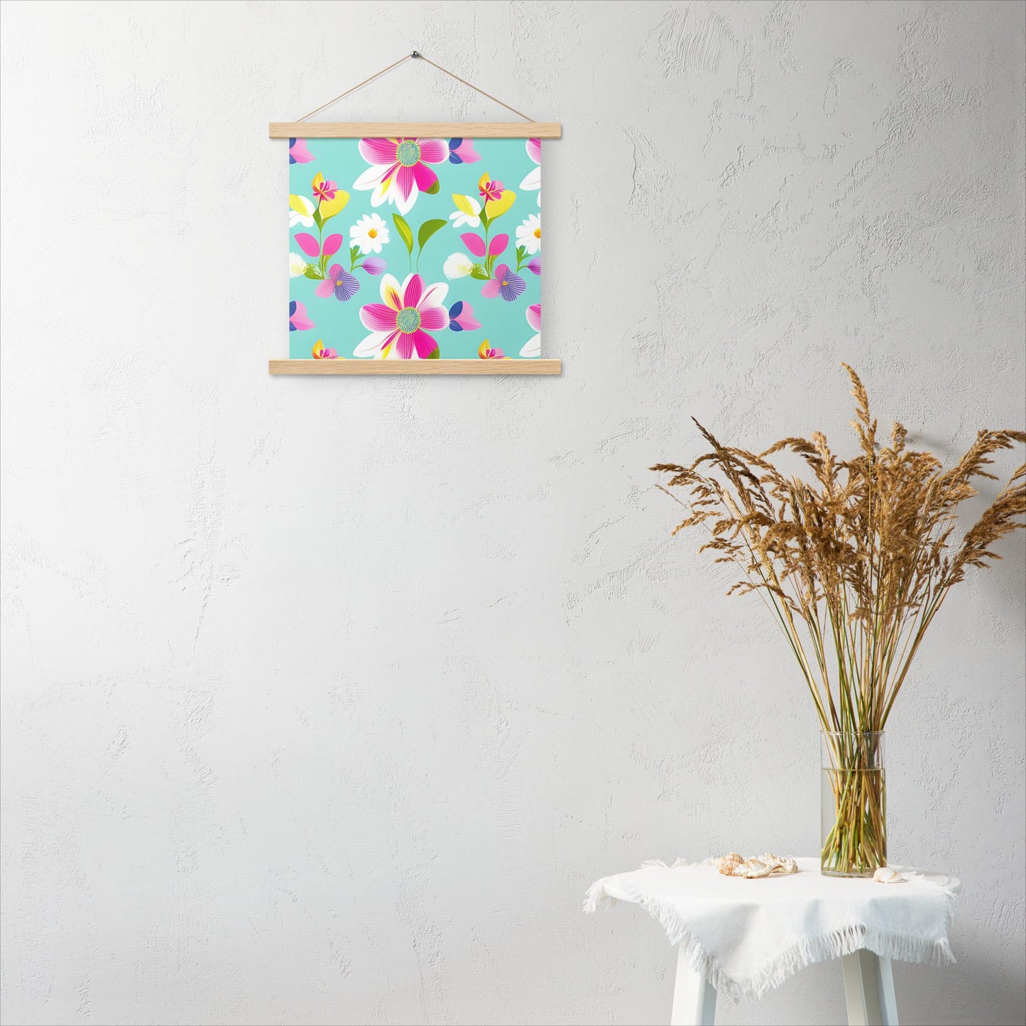 Aquamarine with Pink Flowers Poster with Hangers