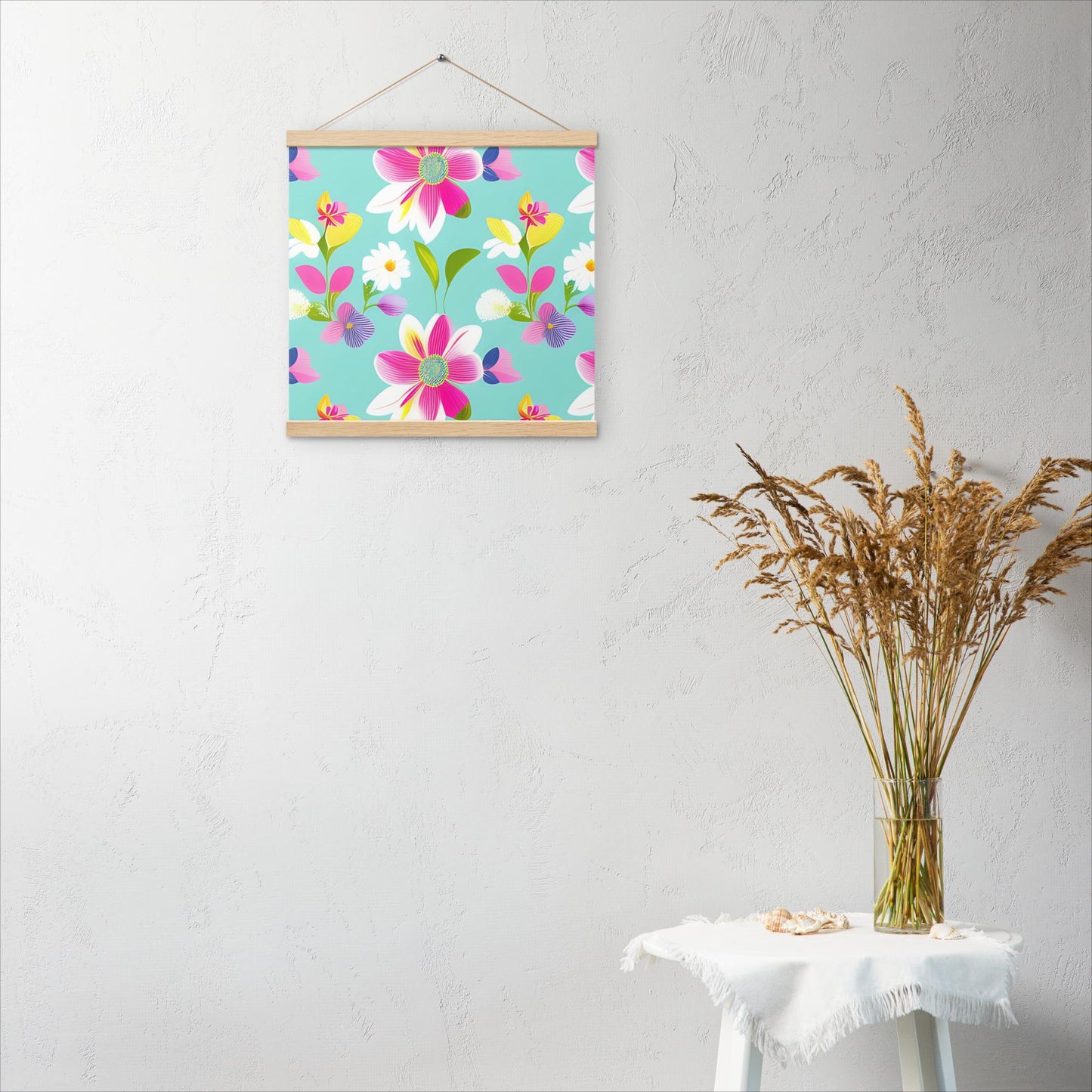 Aquamarine with Pink Flowers Poster with Hangers