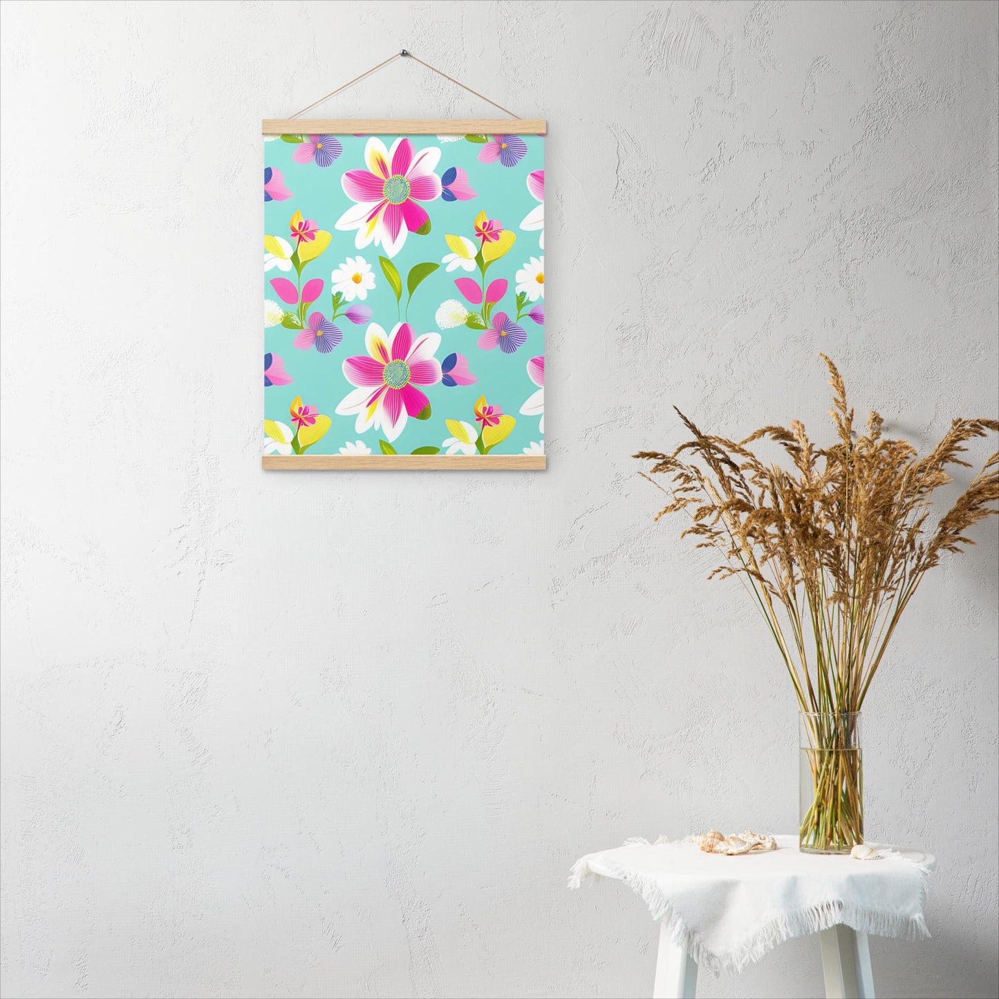 Aquamarine with Pink Flowers Poster with Hangers