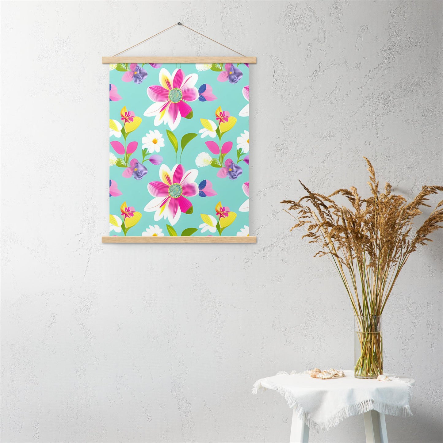 Aquamarine with Pink Flowers Poster with Hangers