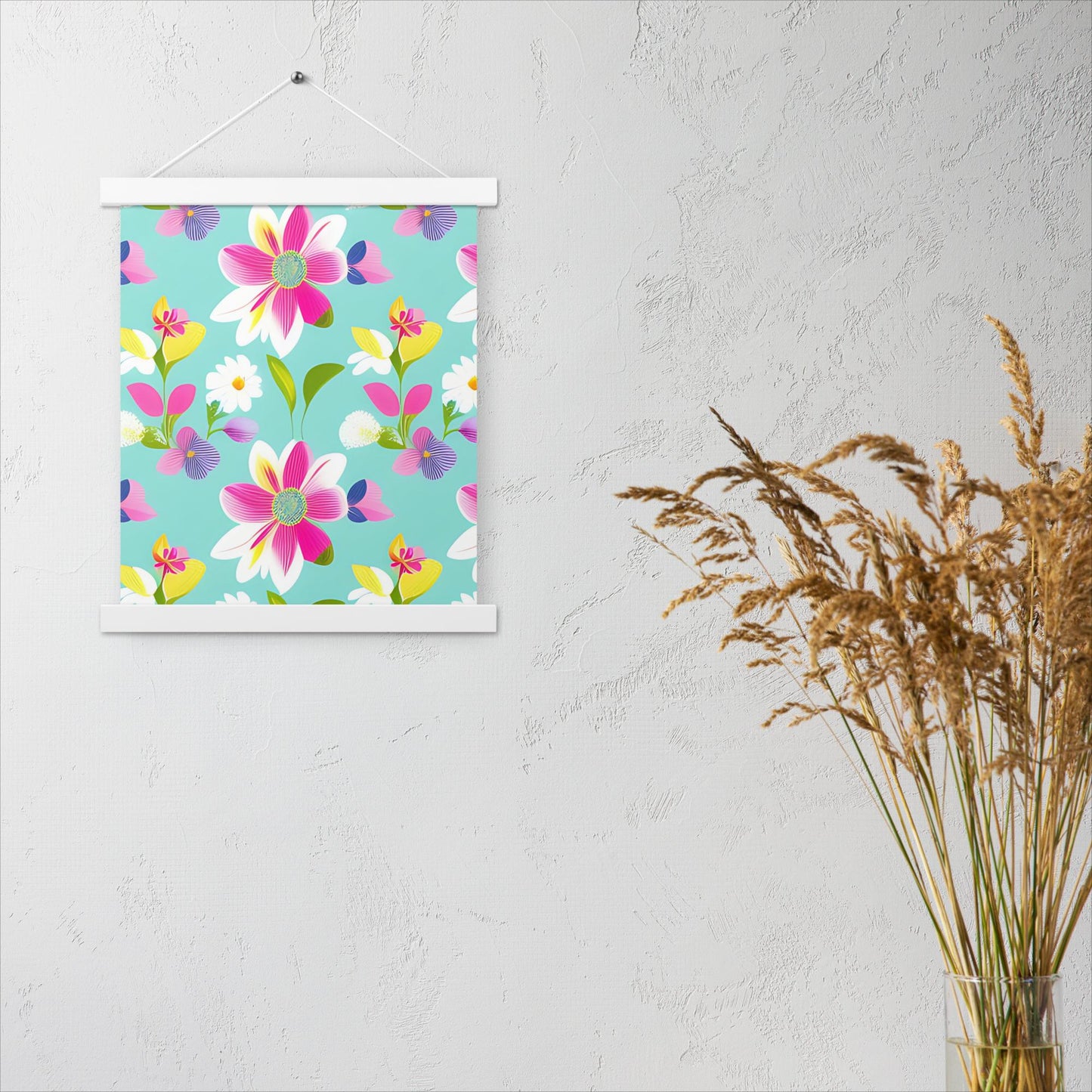 Aquamarine with Pink Flowers Poster with Hangers