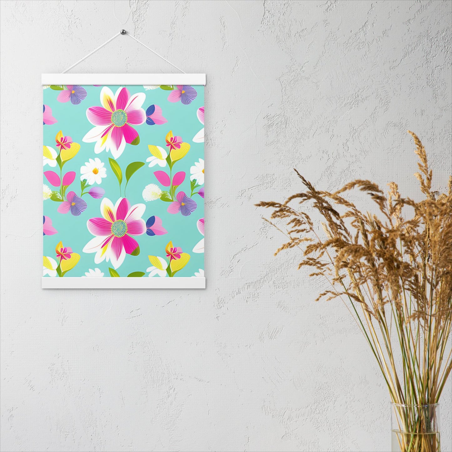 Aquamarine with Pink Flowers Poster with Hangers