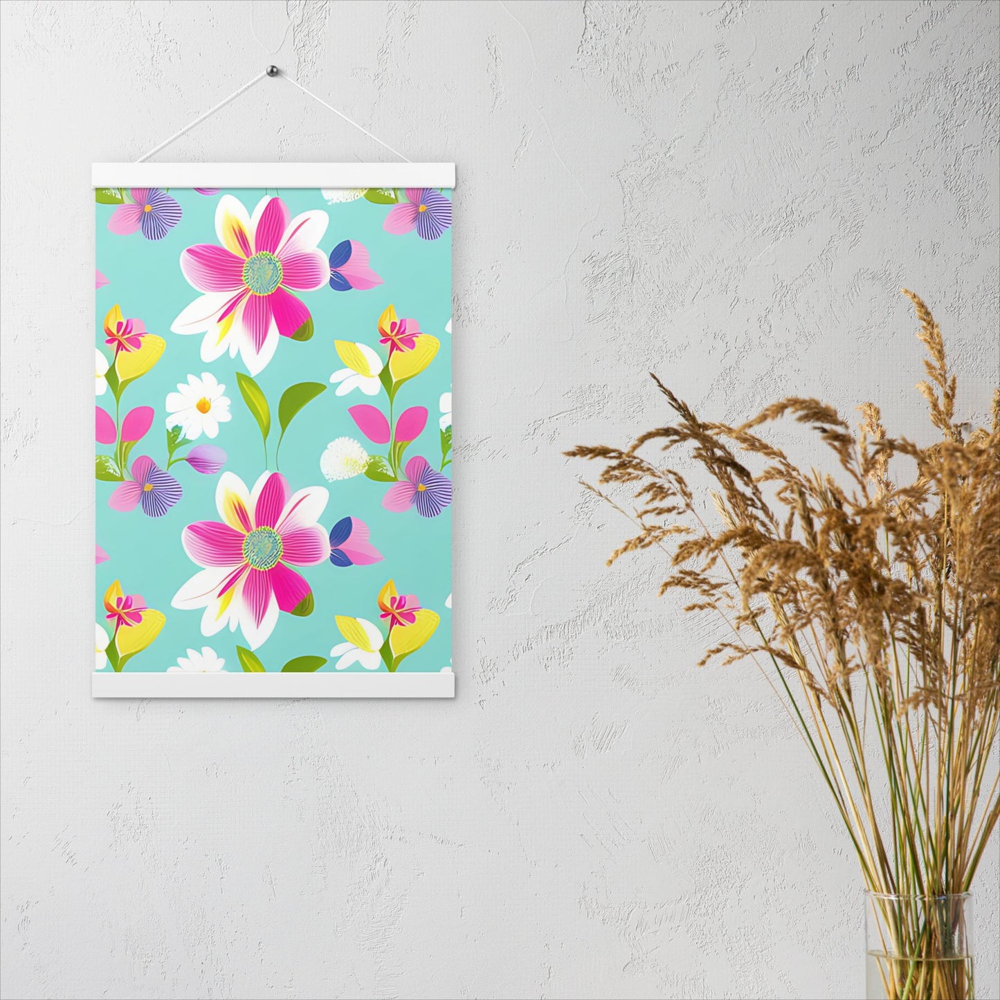 Aquamarine with Pink Flowers Poster with Hangers