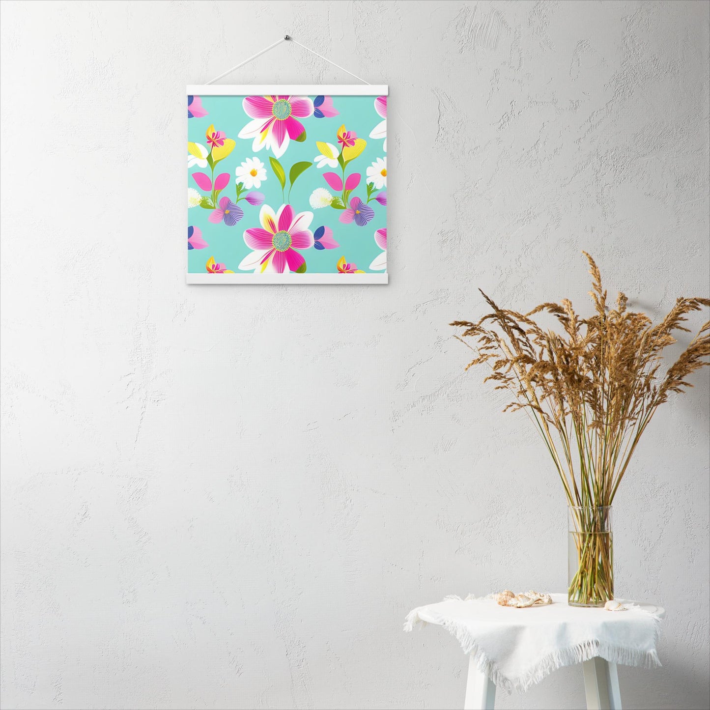 Aquamarine with Pink Flowers Poster with Hangers