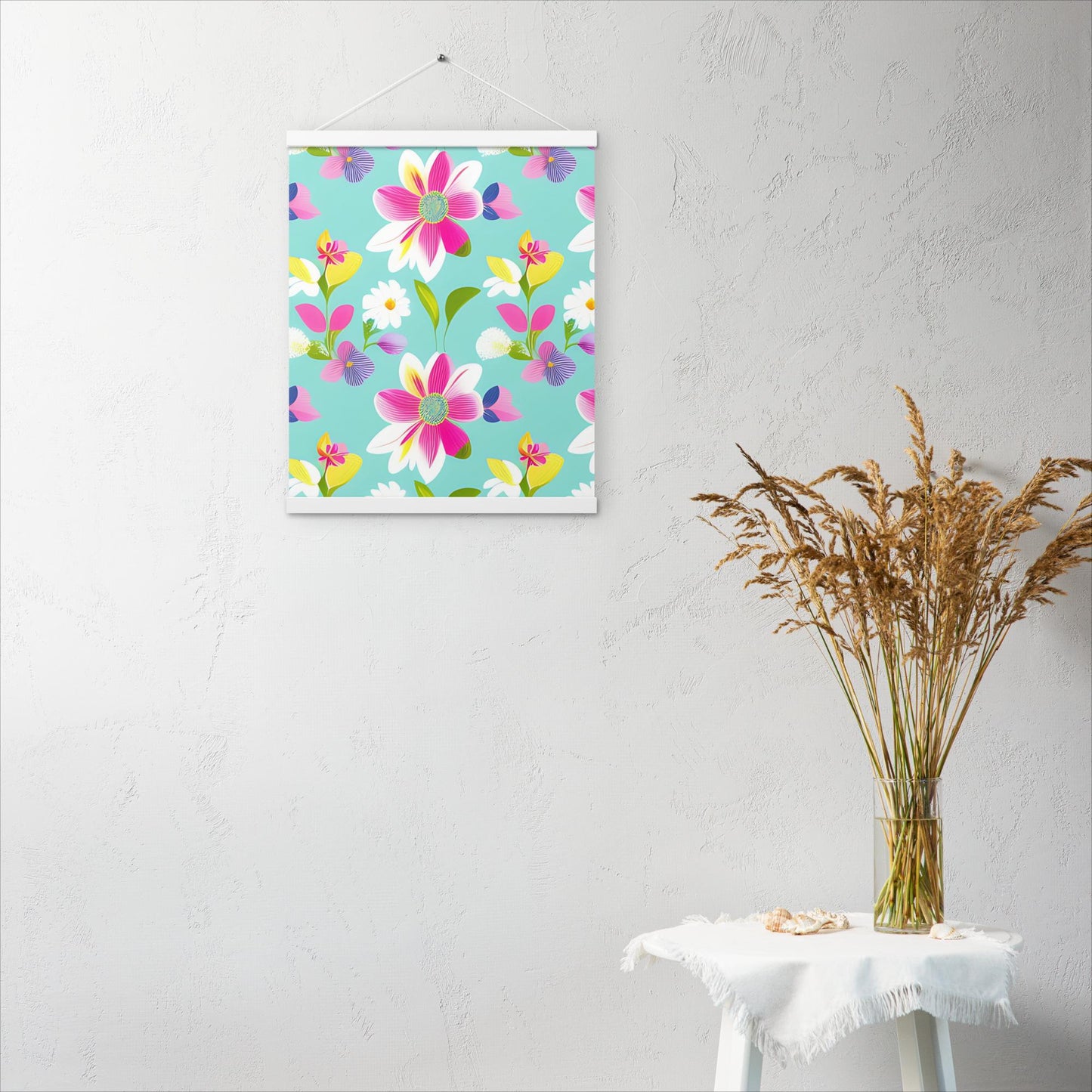 Aquamarine with Pink Flowers Poster with Hangers