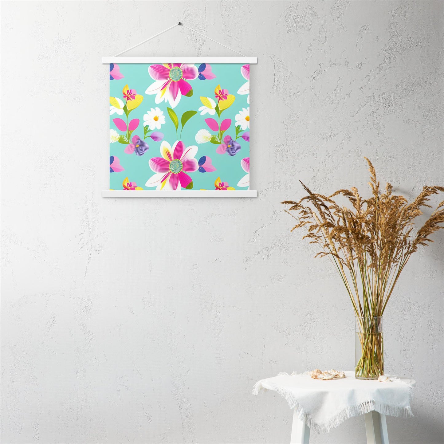 Aquamarine with Pink Flowers Poster with Hangers