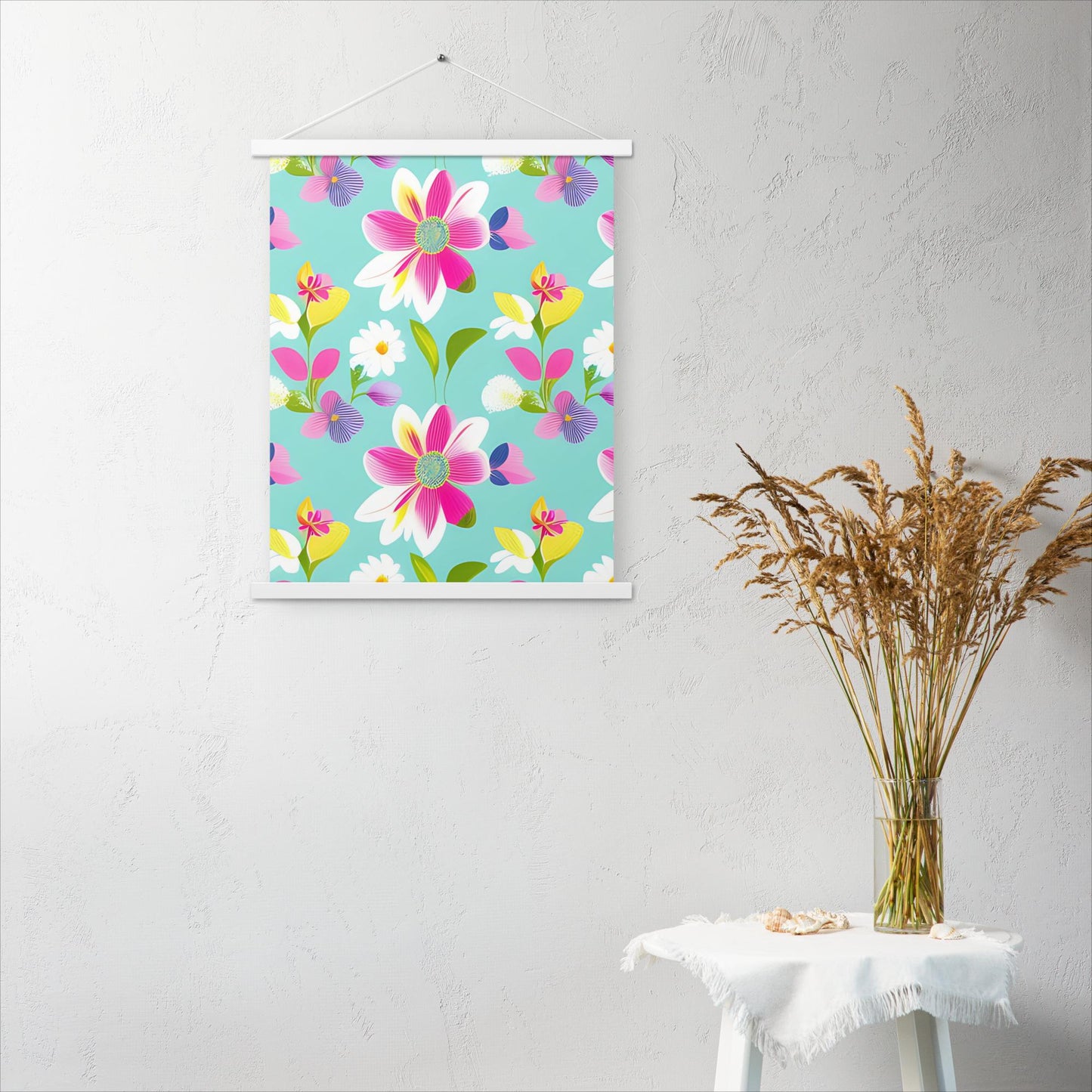 Aquamarine with Pink Flowers Poster with Hangers