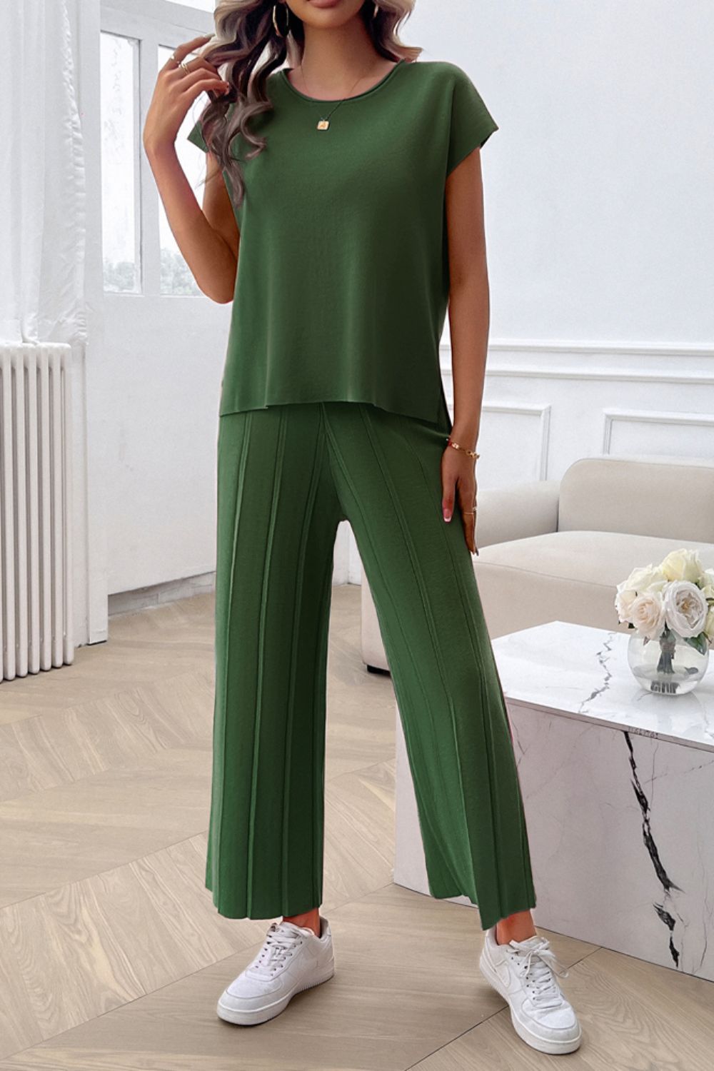 Round Neck Short Sleeve Top and Pants Set