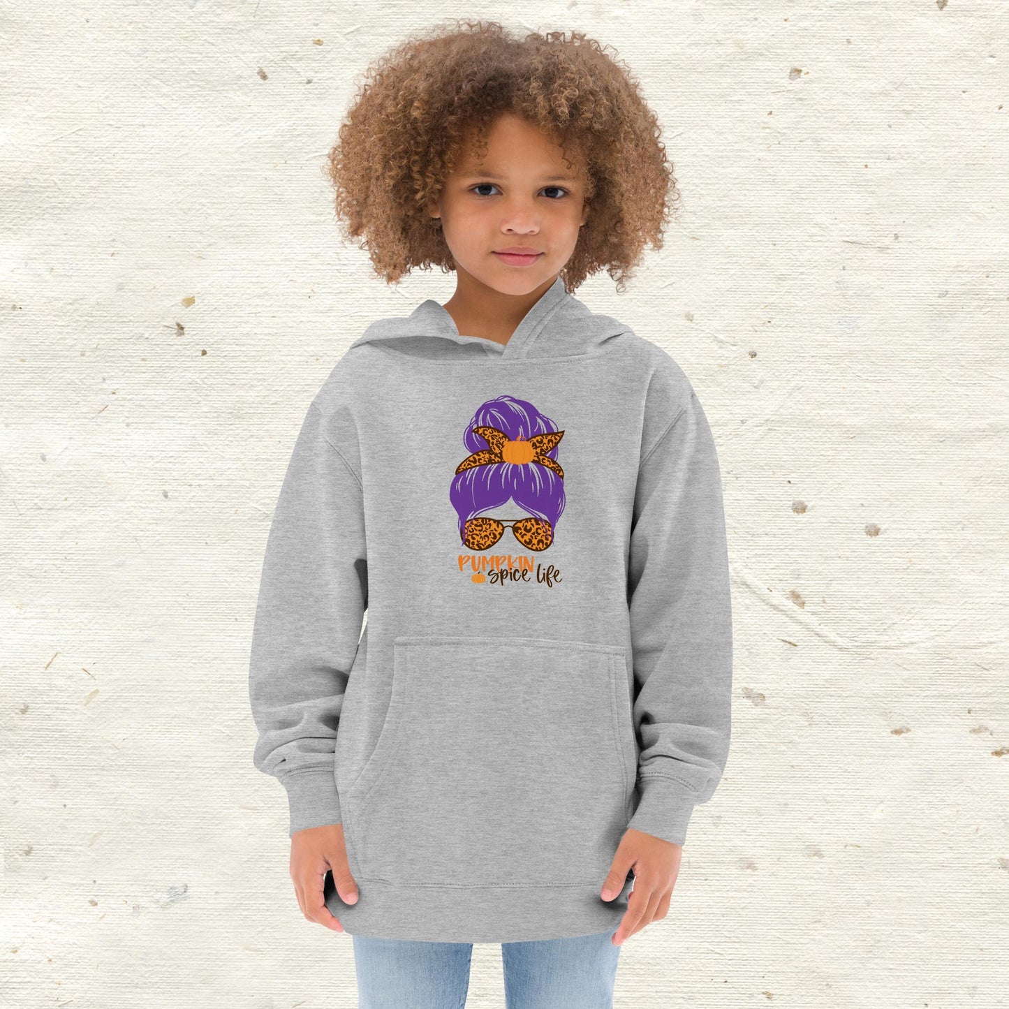 Messy Bun Hair Bow and Glasses Pumpkin Spice Kids Fleece Hoodie