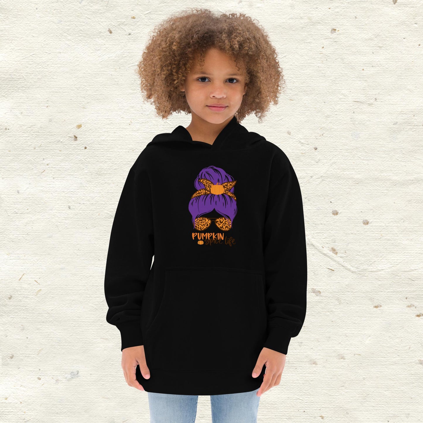 Messy Bun Hair Bow and Glasses Pumpkin Spice Kids Fleece Hoodie