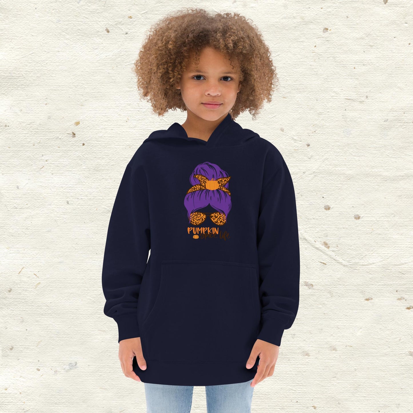 Messy Bun Hair Bow and Glasses Pumpkin Spice Kids Fleece Hoodie