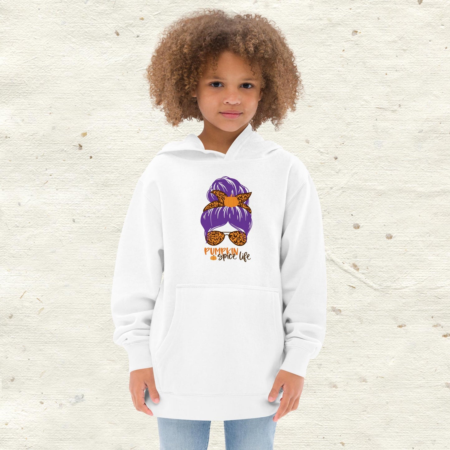 Messy Bun Hair Bow and Glasses Pumpkin Spice Kids Fleece Hoodie