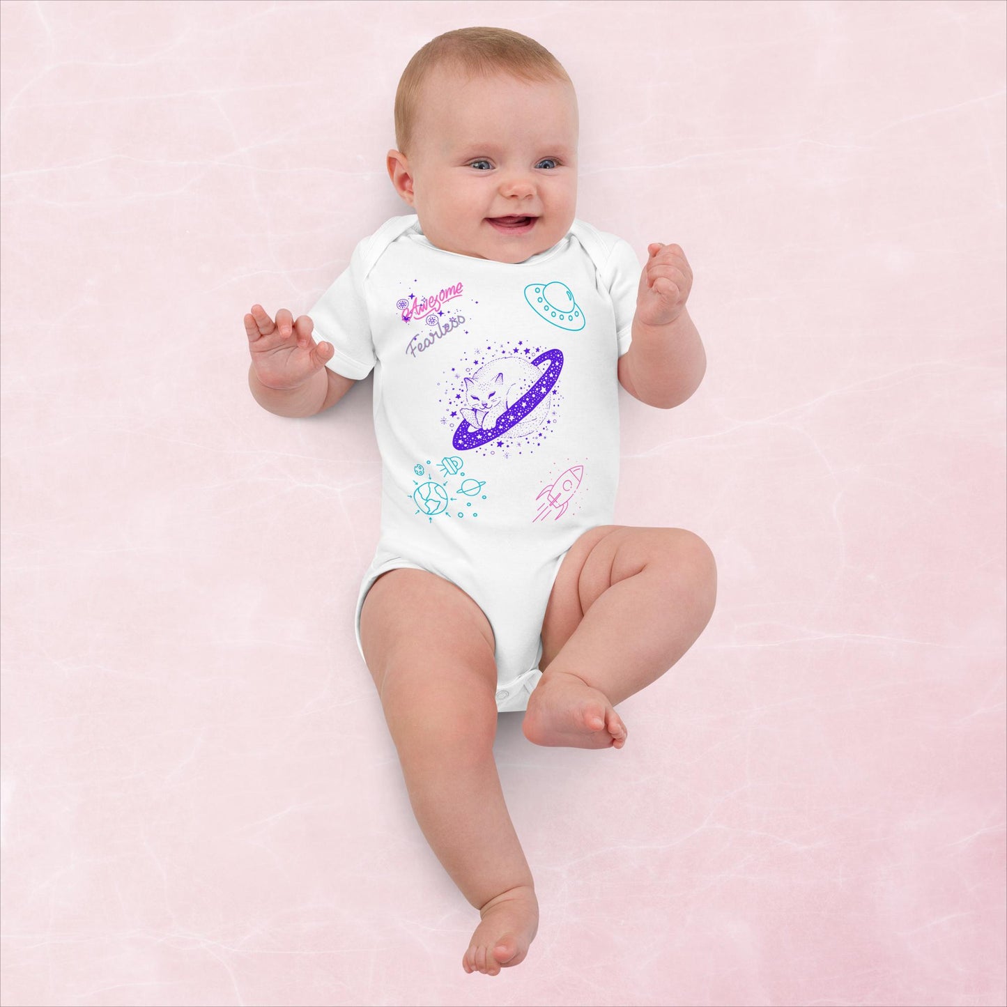 Outer Space Saturn Cat Organic Cotton Baby Bodysuit