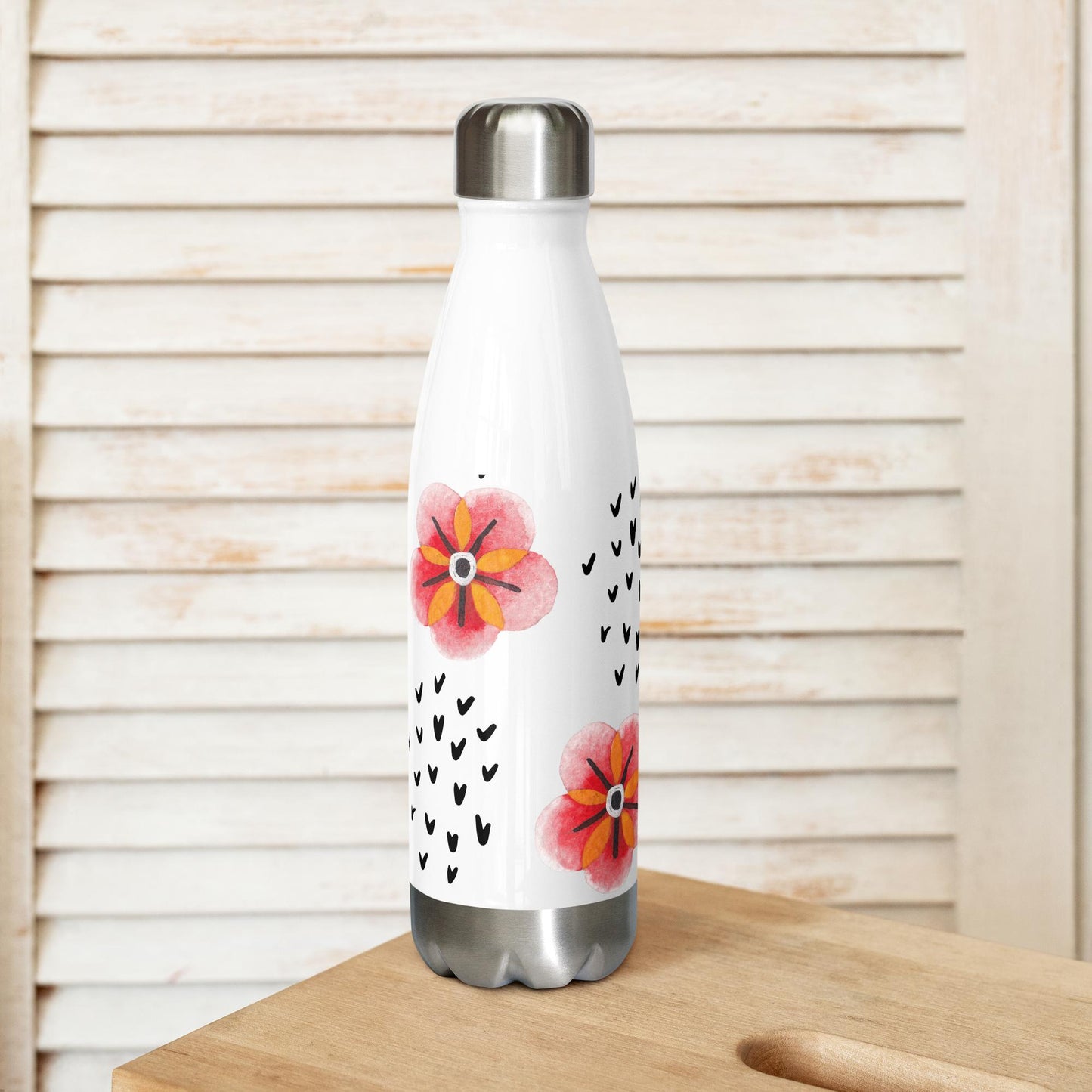 Peach Flowers and Hearts Stainless Steel Water Bottle