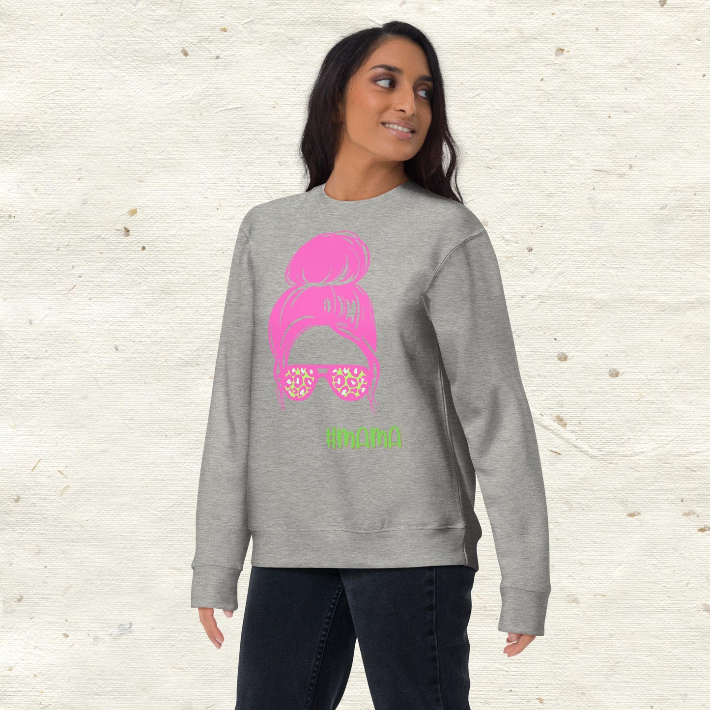 Messy Bun Mama with Glasses Unisex Premium Sweatshirt