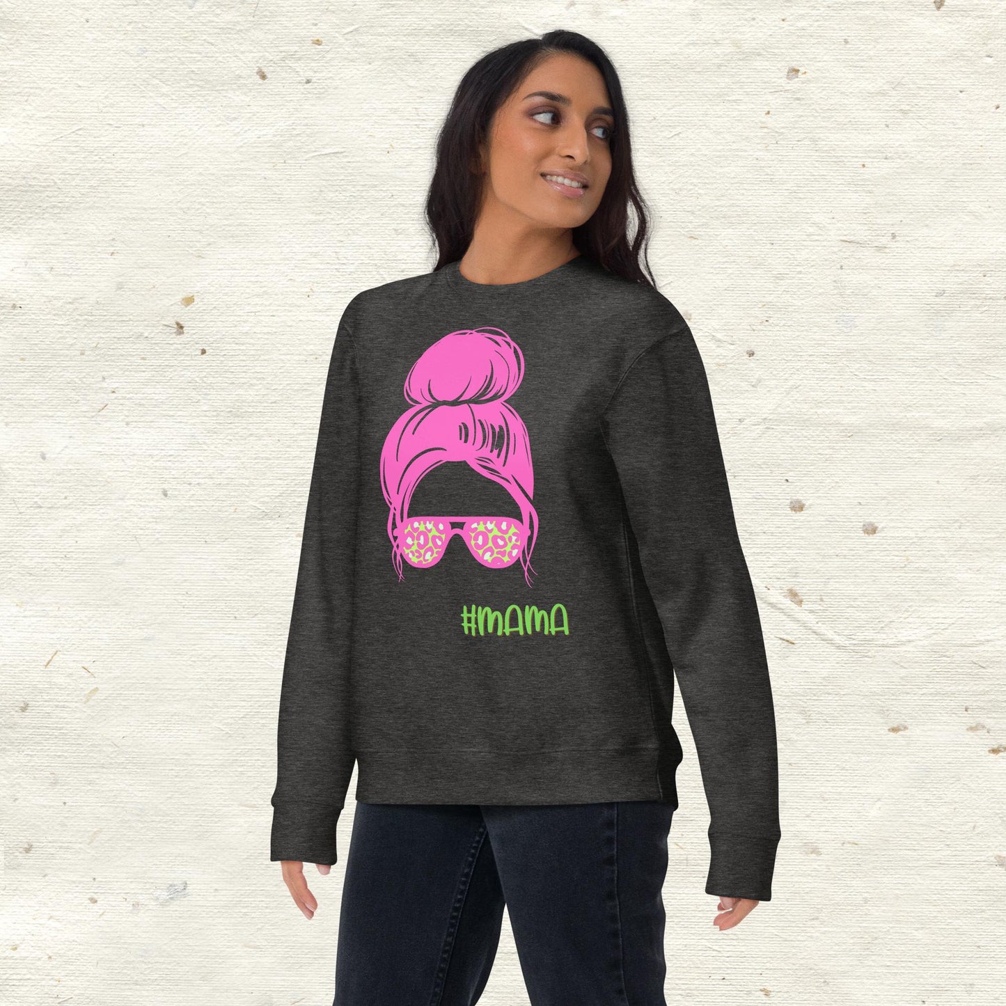 Messy Bun Mama with Glasses Unisex Premium Sweatshirt