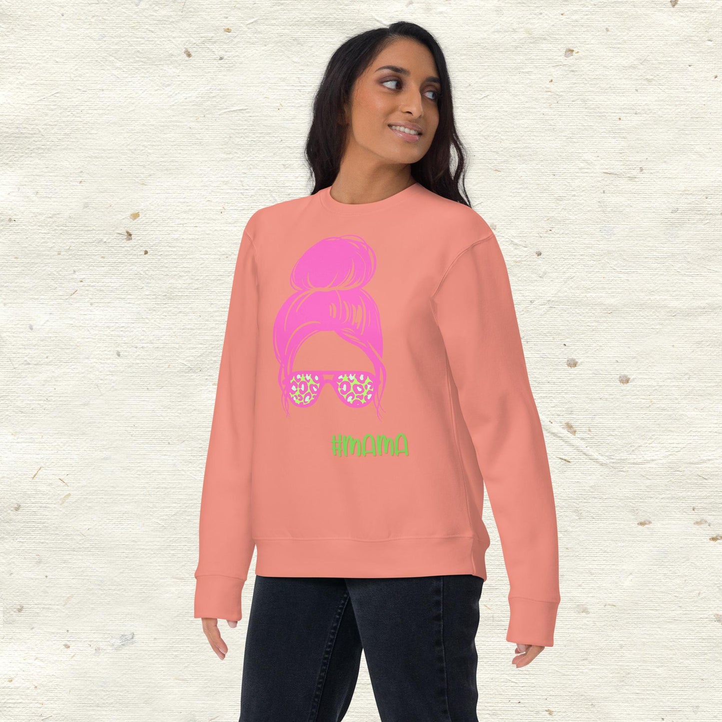 Messy Bun Mama with Glasses Unisex Premium Sweatshirt