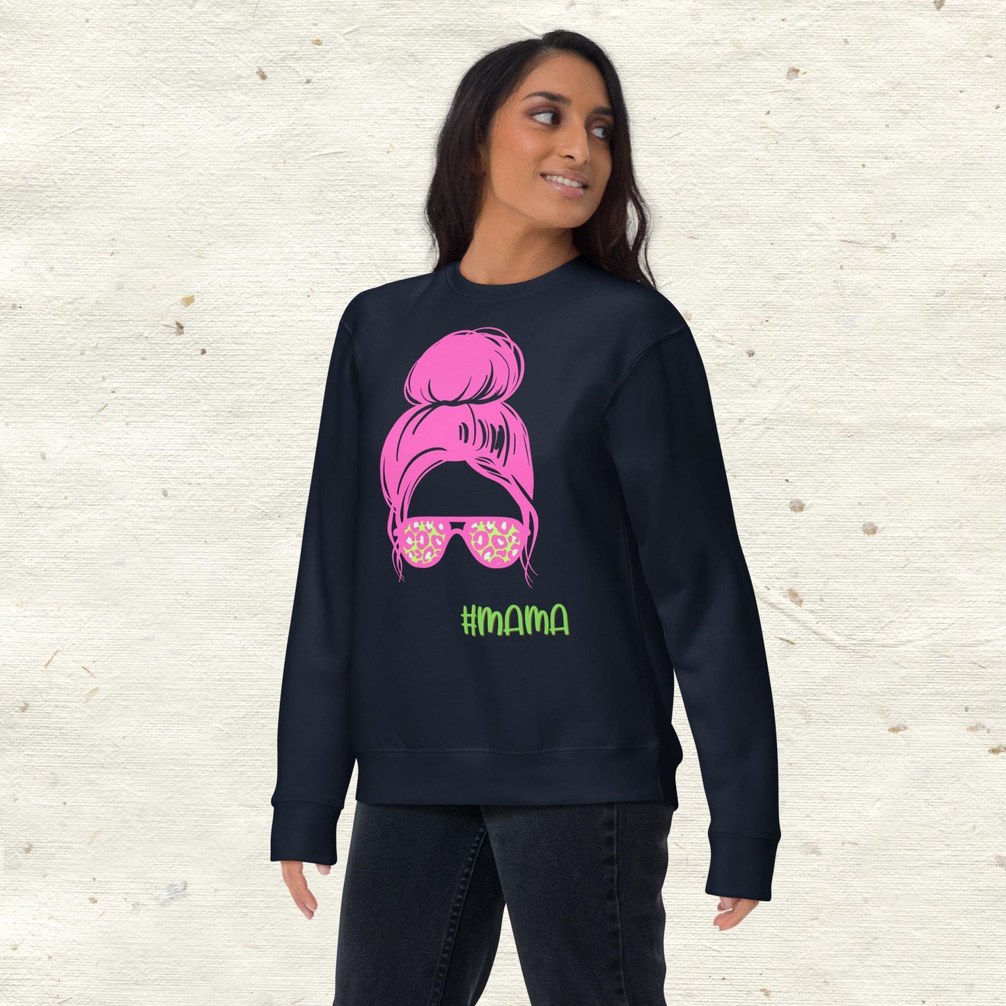 Messy Bun Mama with Glasses Unisex Premium Sweatshirt