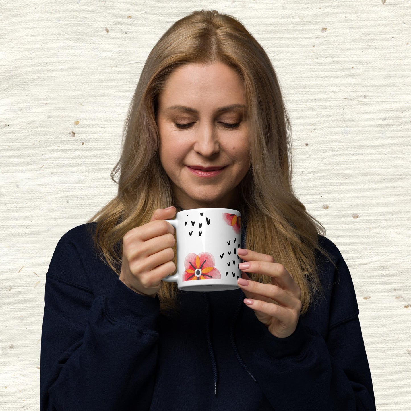 Peach Flowers and Hearts White Glossy Mug