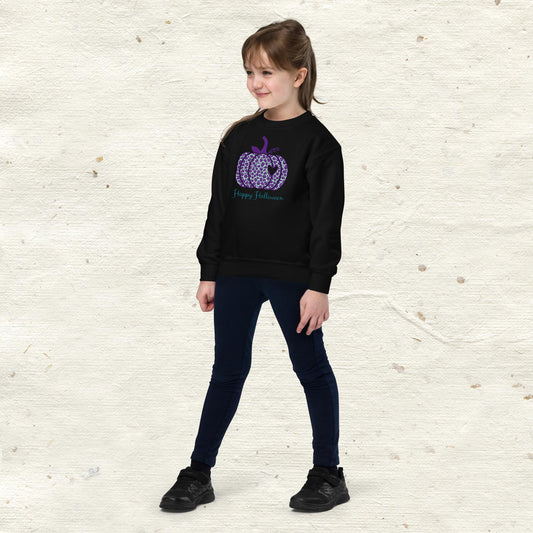 Happy Halloween Purple Pumpkin Youth Crewneck Sweatshirt