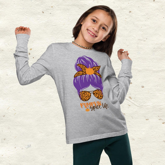 Messy Bun Hair Bow and Glasses Pumpkin Spice Youth long sleeve tee