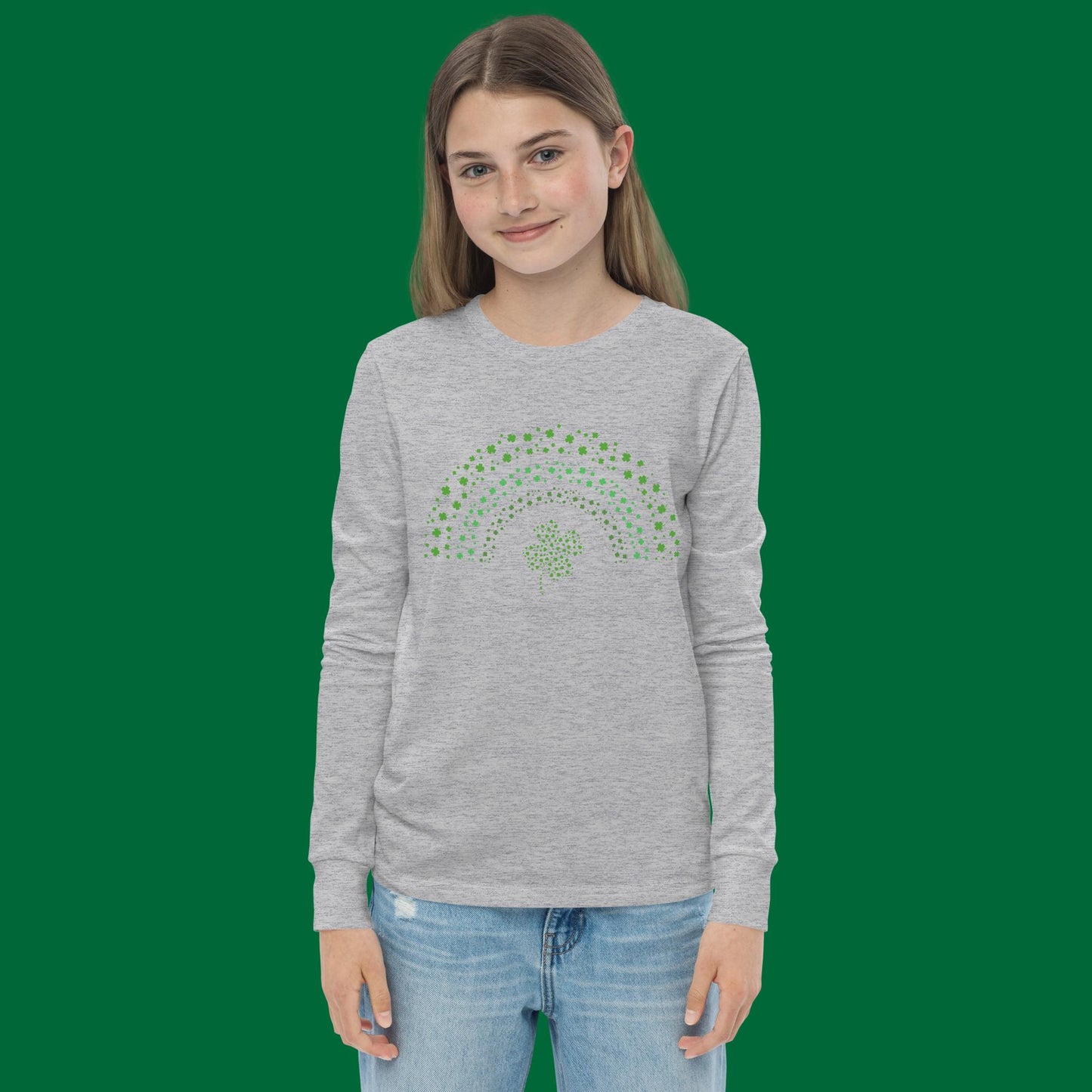 St Patrick’s Day Clover Rainbow Green Youth Long Sleeve Tee