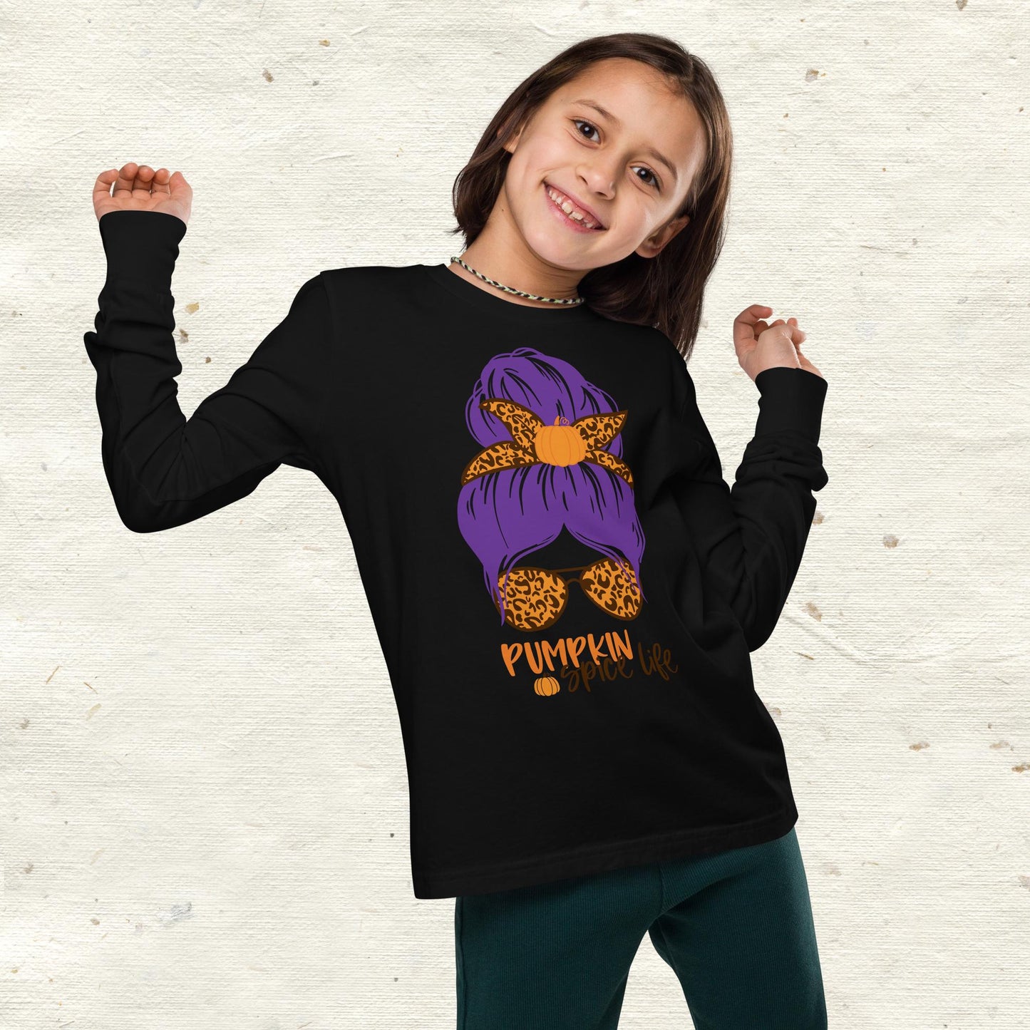 Messy Bun Hair Bow and Glasses Pumpkin Spice Youth long sleeve tee