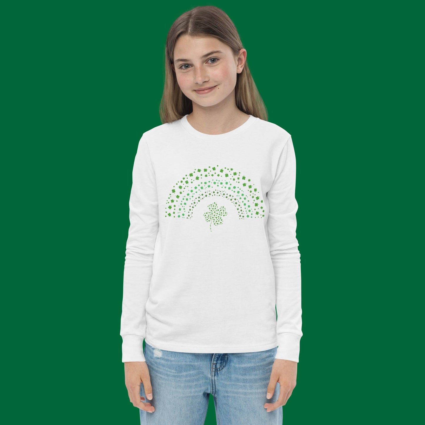 St Patrick’s Day Clover Rainbow Green Youth Long Sleeve Tee