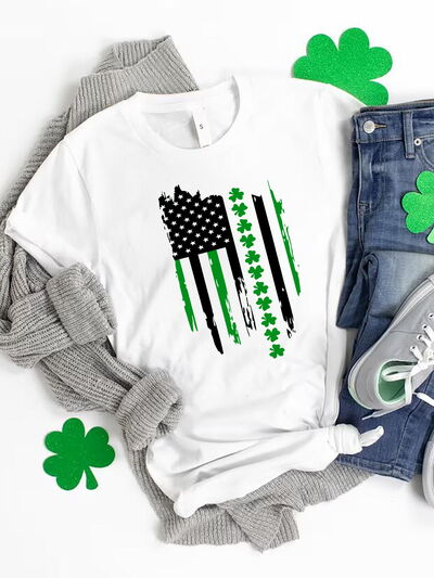 Lucky Clover Flag Graphic Round Neck Short Sleeve T-Shirt