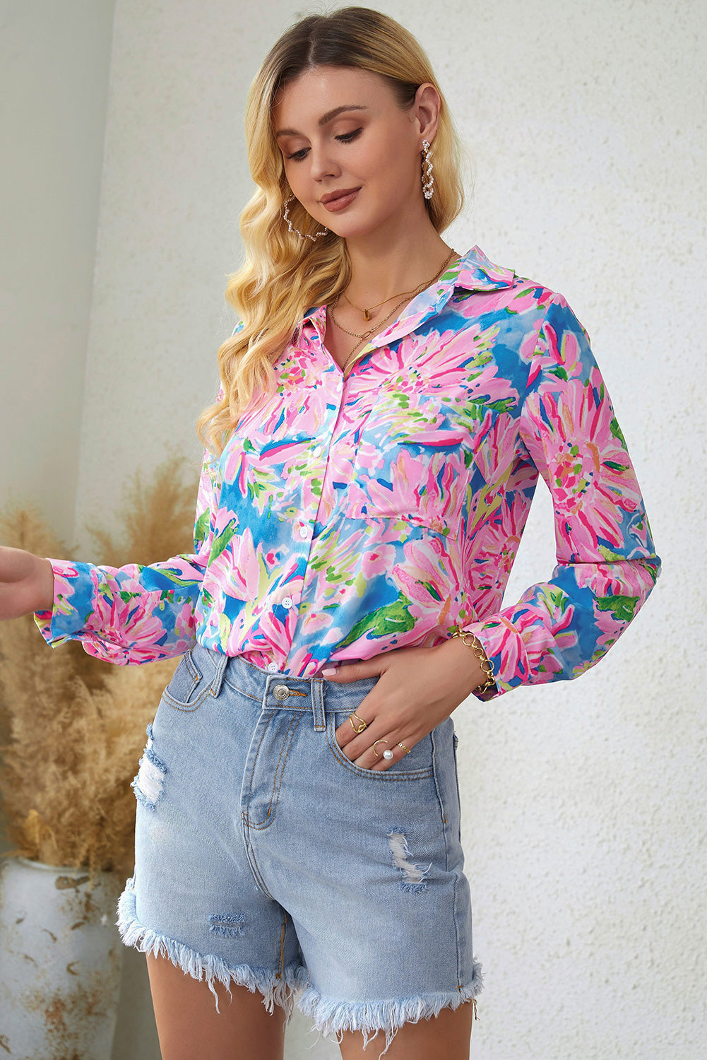 Double Take Pink or Peach Floral Long Sleeve Collared Shirt