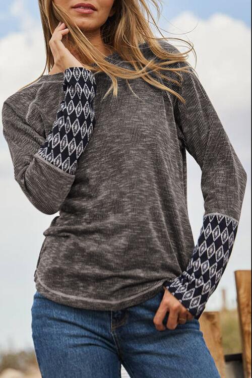 Geometric Round Neck Long Sleeve Top