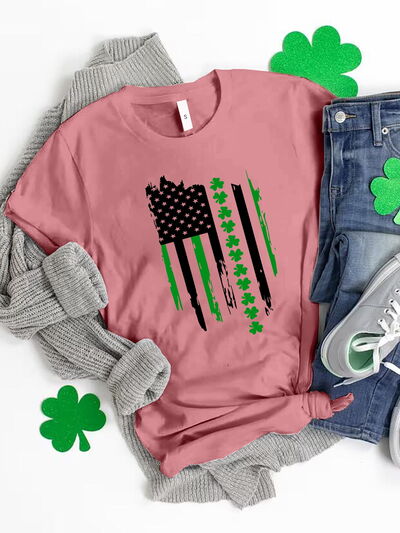 Lucky Clover Flag Graphic Round Neck Short Sleeve T-Shirt
