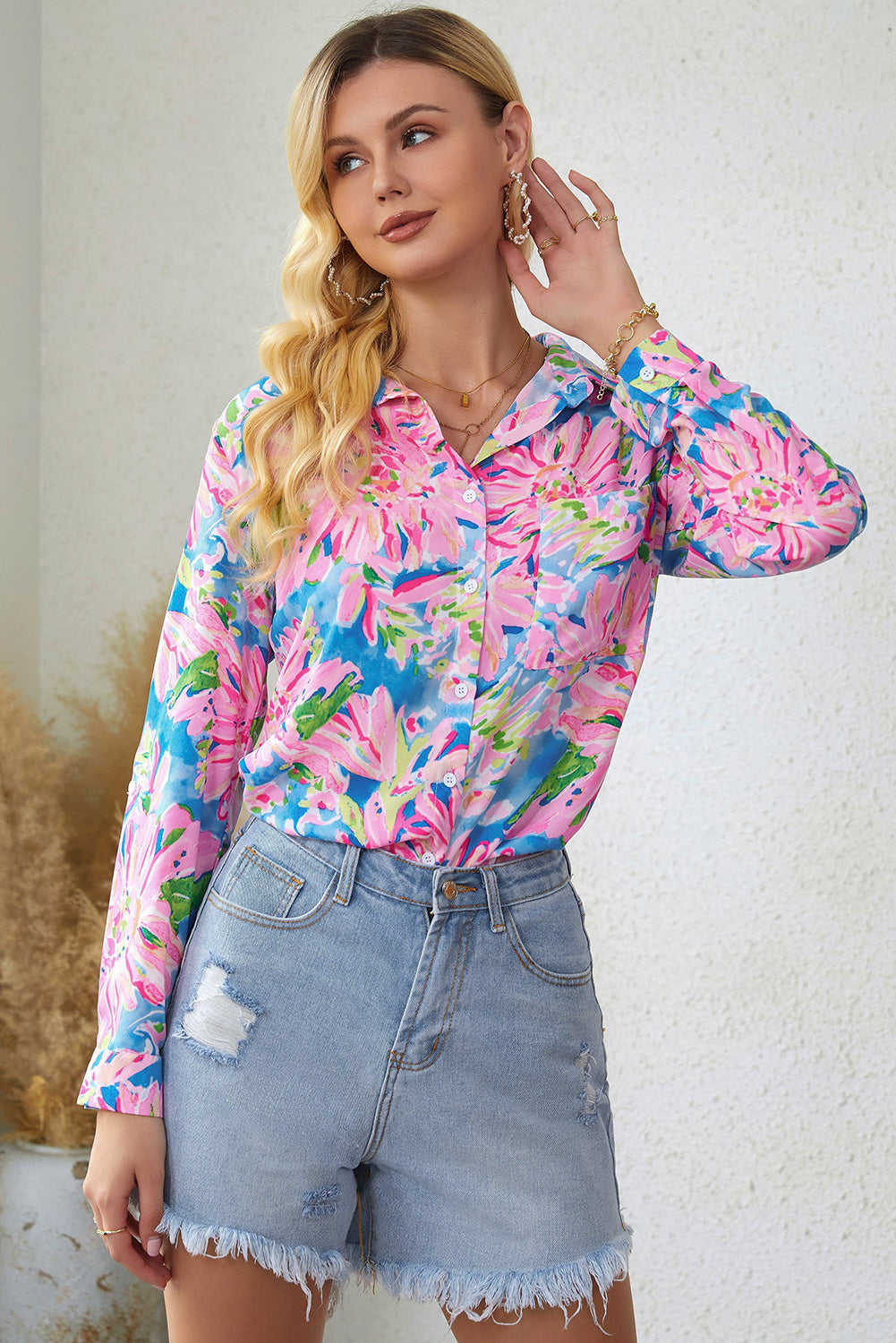 Double Take Pink or Peach Floral Long Sleeve Collared Shirt