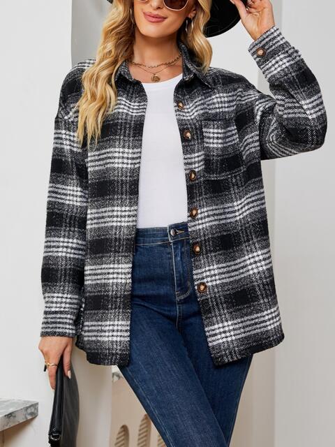 Women Casual Plaid Collared Button Down Long Sleeve Shirt Jacket