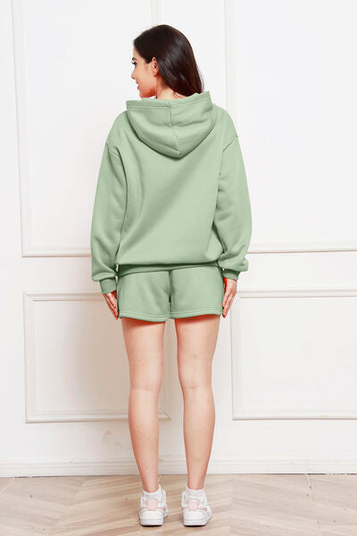 Drop Shoulder Long Sleeve Hoodie and Shorts Set